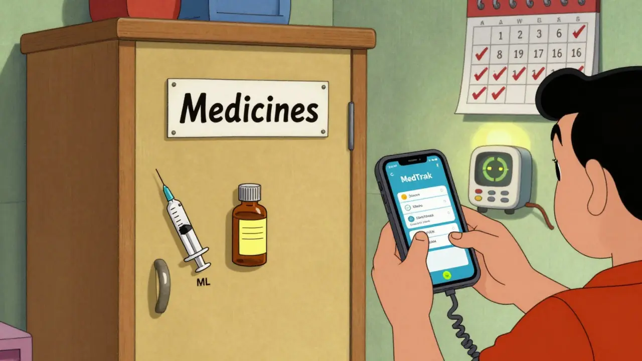 Locked medicine cabinet, syringe, and phone showing medication app in child's room