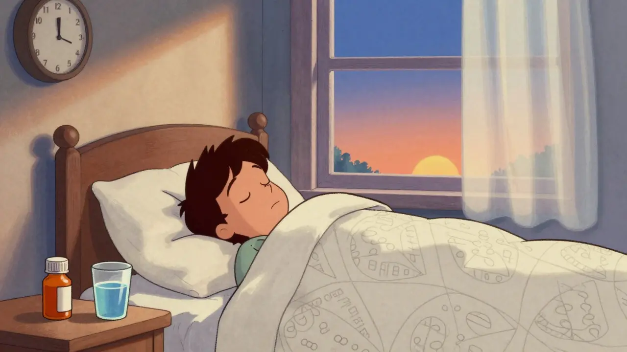 Peaceful morning bedroom with calm sleeper in bed