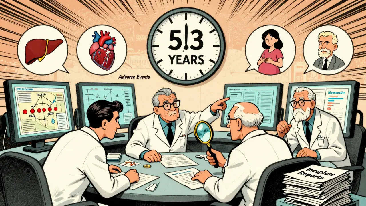Scientists in a war room analyze adverse event data with a clock showing 5.3 years delay.