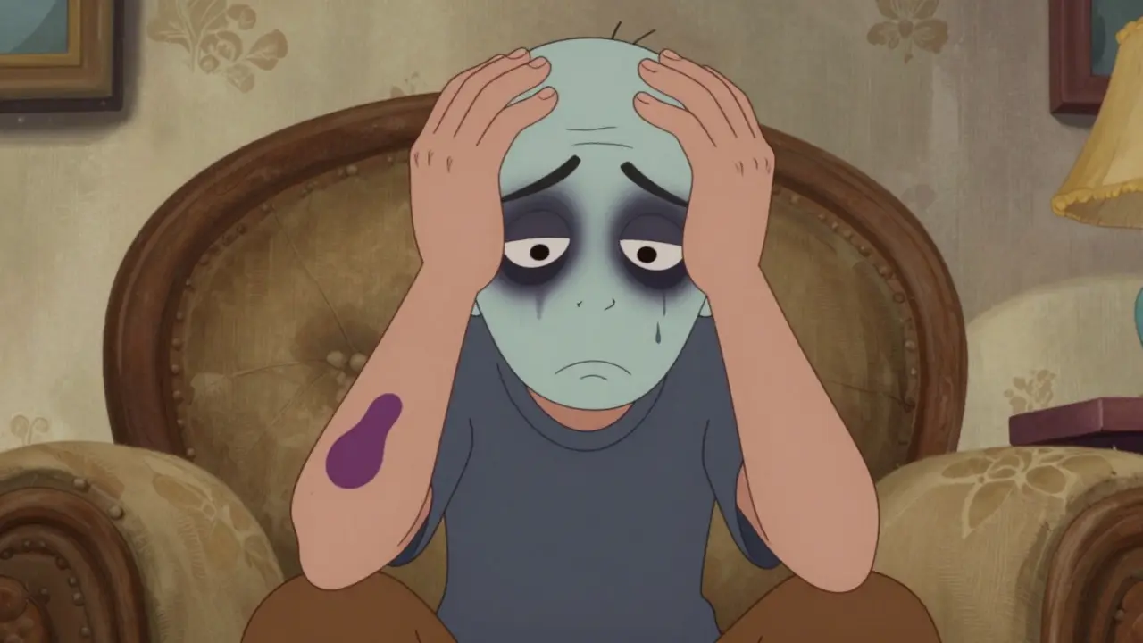 Tired cartoon character with visible bruise on arm sitting on sofa.