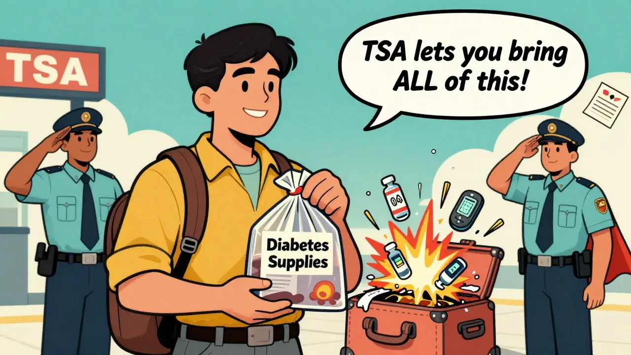 Traveler calmly passing through airport security with labeled diabetes supplies bag as TSA agents smile, while checked luggage explodes behind them.