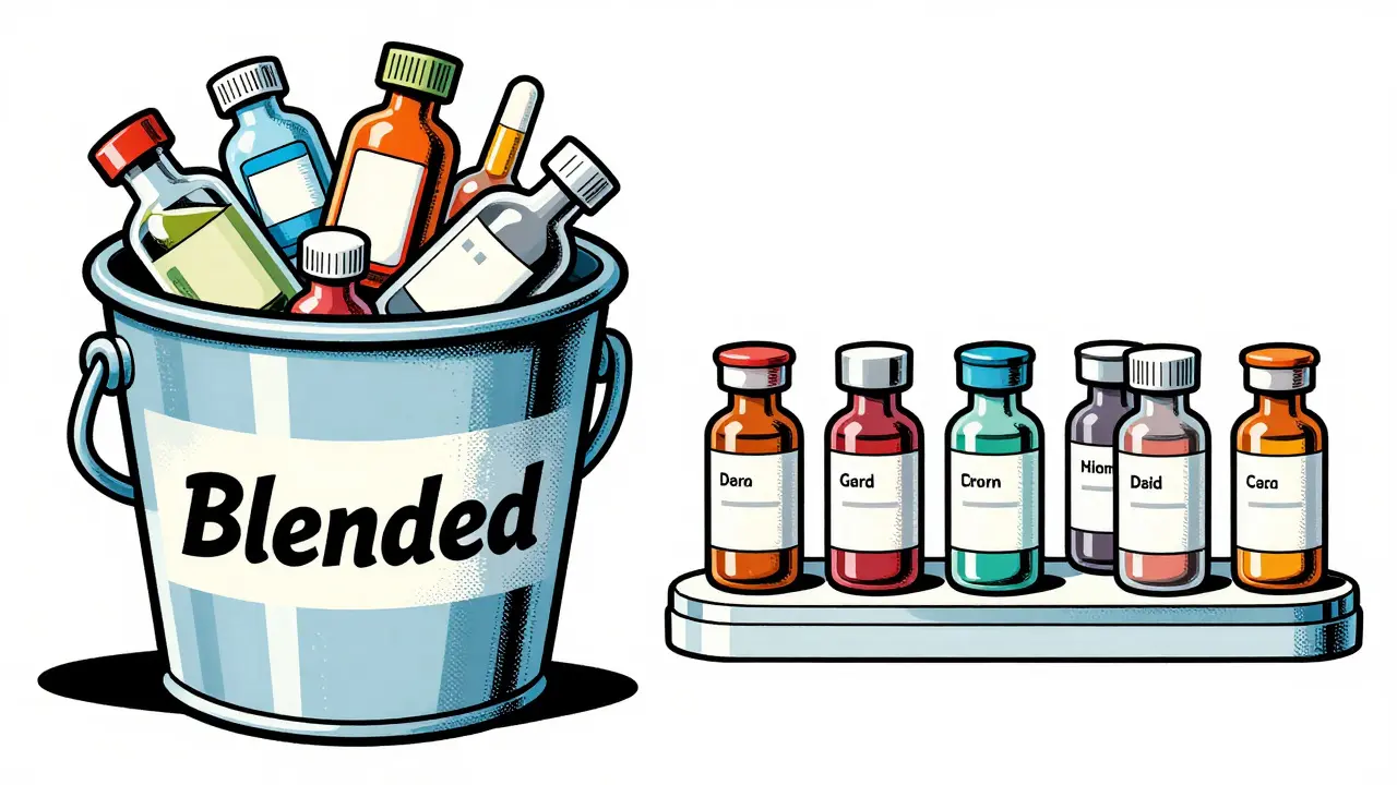 Cartoon illustration showing a transition from a shared bucket of vials to organized individual pedestals.