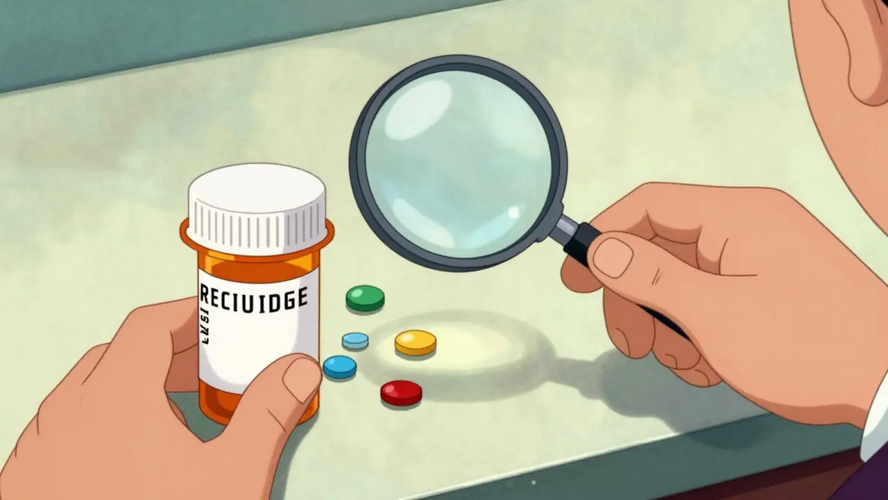 Close-up of hands using a magnifying glass to check a prescription label.