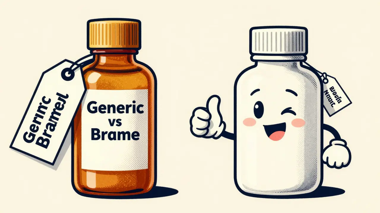 Comparison between an expensive brand name drug and an affordable generic version