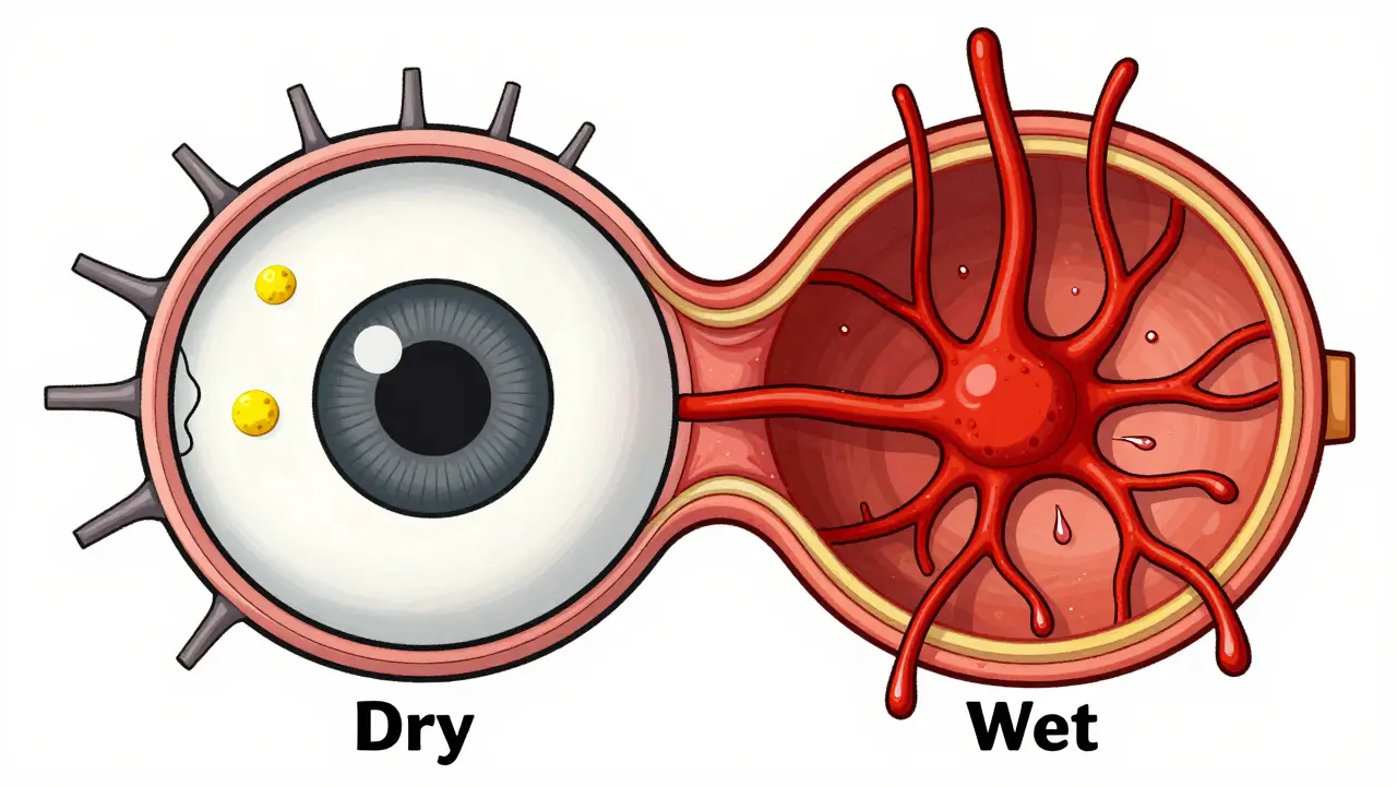 Comparison of dry macular degeneration with yellow deposits and wet AMD with leaking blood vessels.