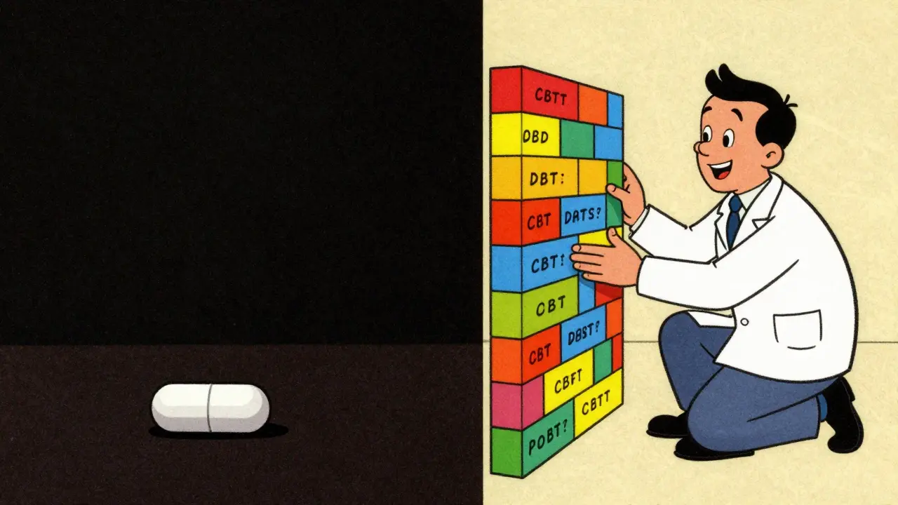 Conceptual illustration of medication as a floor and therapy as walls for mental health support.
