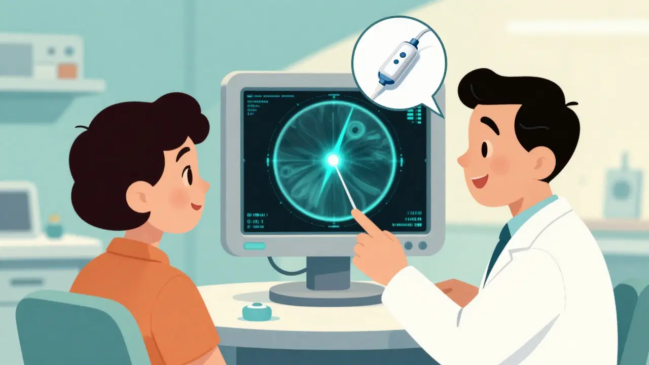Doctor showing a patient a retinal scan and a long-term medication implant.