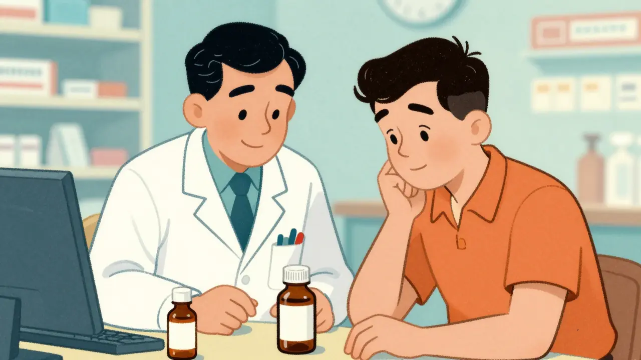 Pharmacist and patient reviewing medication together in a vintage illustration.