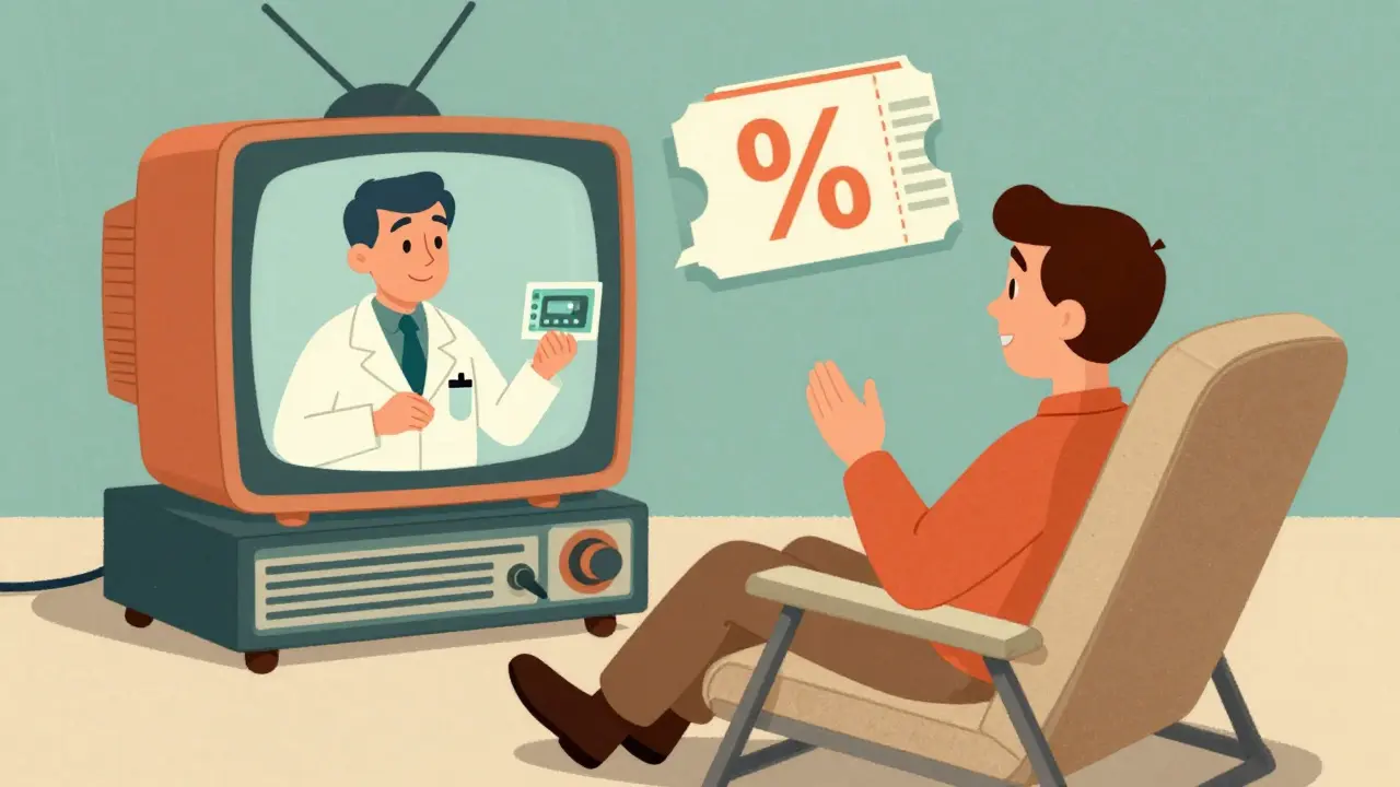 Retro cartoon person having a telehealth appointment with a doctor to get a prescription