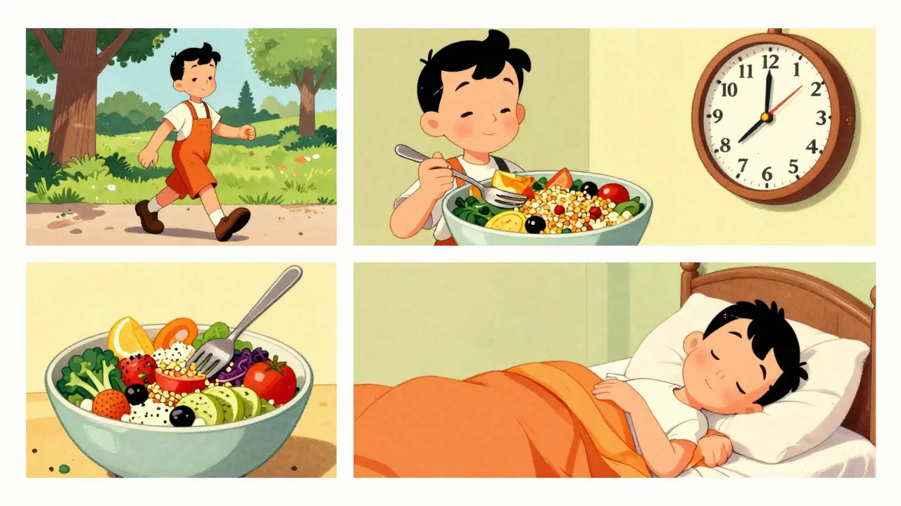 Vintage cartoon montage of walking, healthy eating, and consistent sleep for recovery.