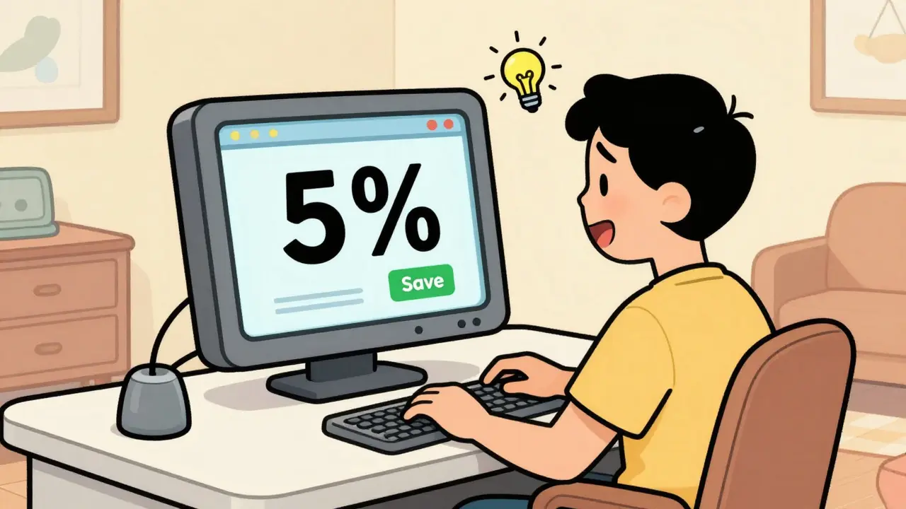 Vintage cartoon of a person finding medication discounts on a retro computer