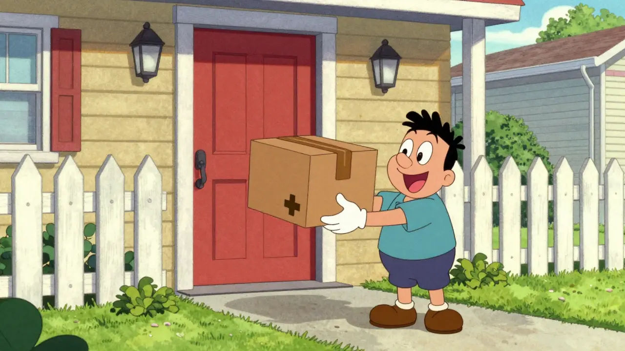 Vintage cartoon of a person receiving a medical delivery package at their home