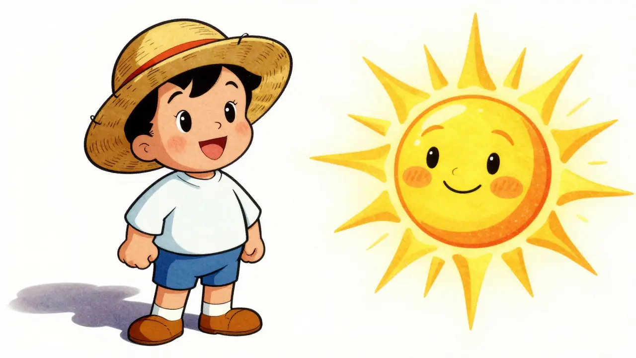 Vintage cartoon of a person wearing a wide-brimmed hat and protective clothing to avoid the sun.