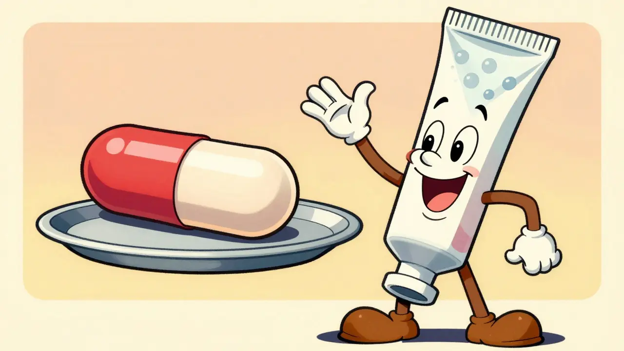 Vintage illustration of oral capsules and a topical gel tube of clindamycin