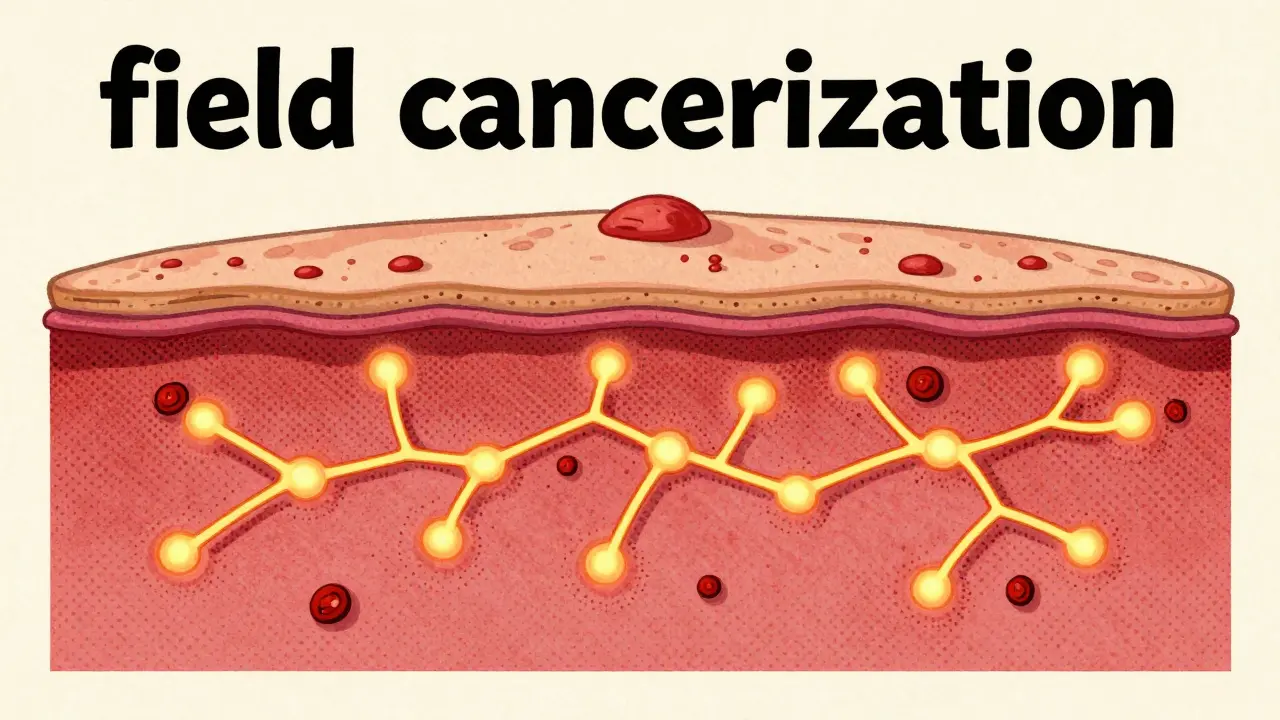 Vintage style diagram showing visible skin spots and hidden damaged cells beneath the surface.