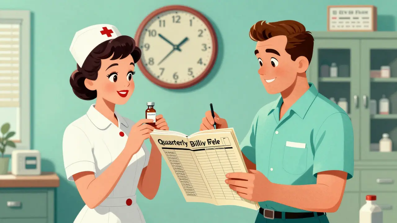 Vintage style drawing of a nurse and billing specialist verifying a drug against a large fee schedule.