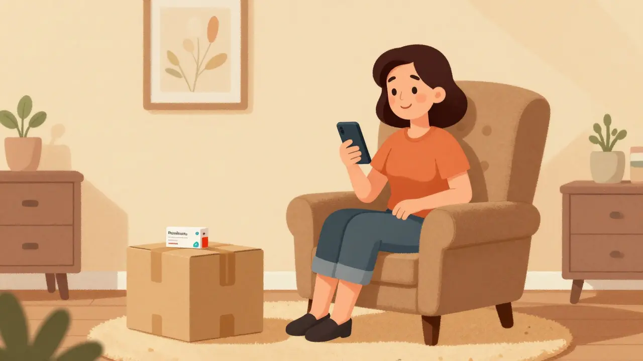 Woman smiling while receiving her affordable medication delivery at home