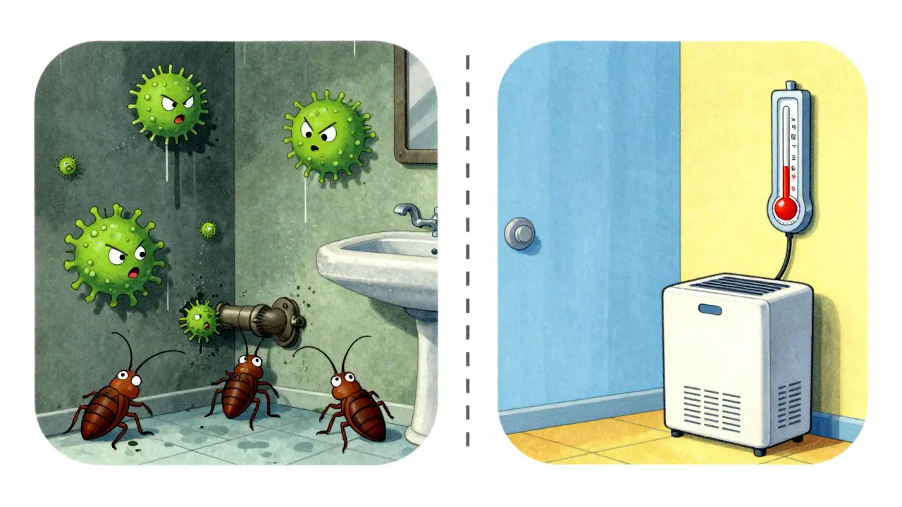 Cartoon comparison of moldy bathroom vs clean dry room