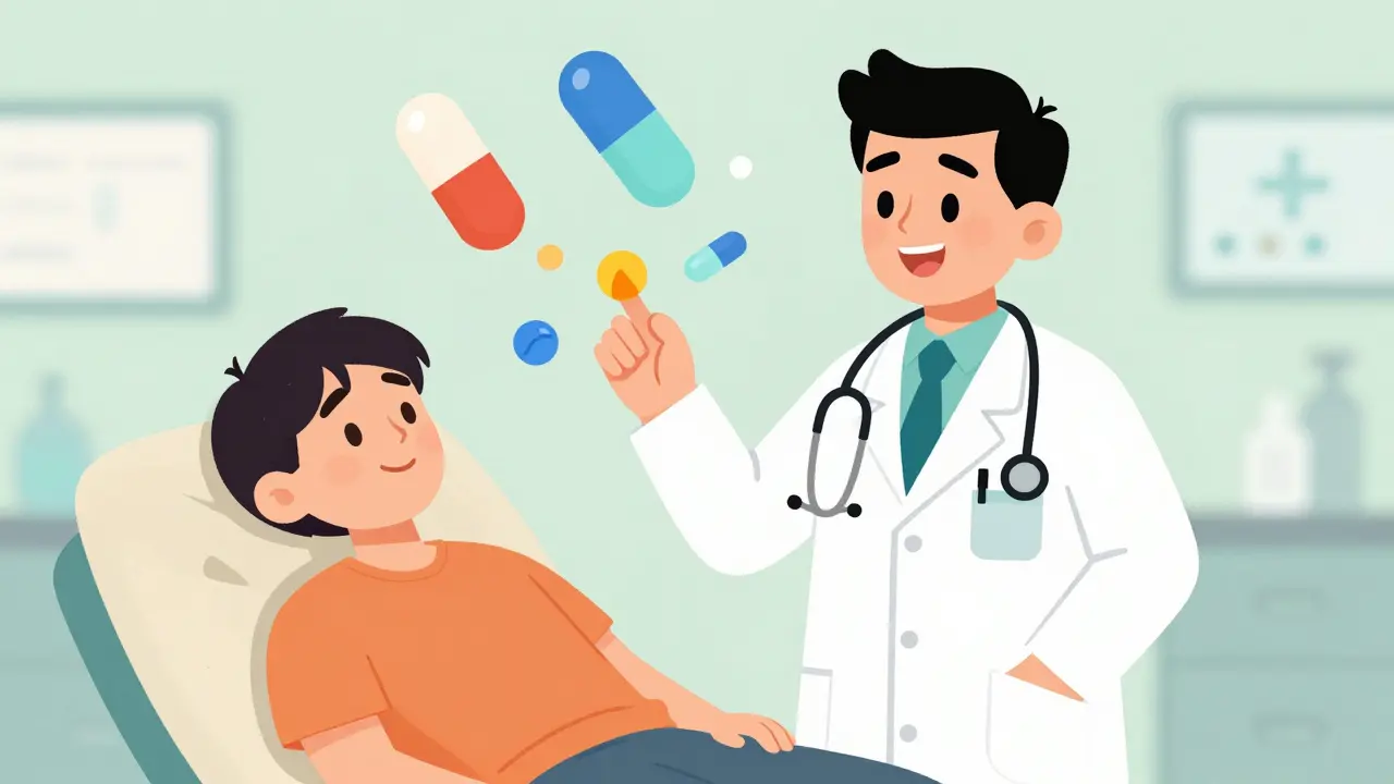 Cartoon doctor and relieved patient surrounded by medicine capsules