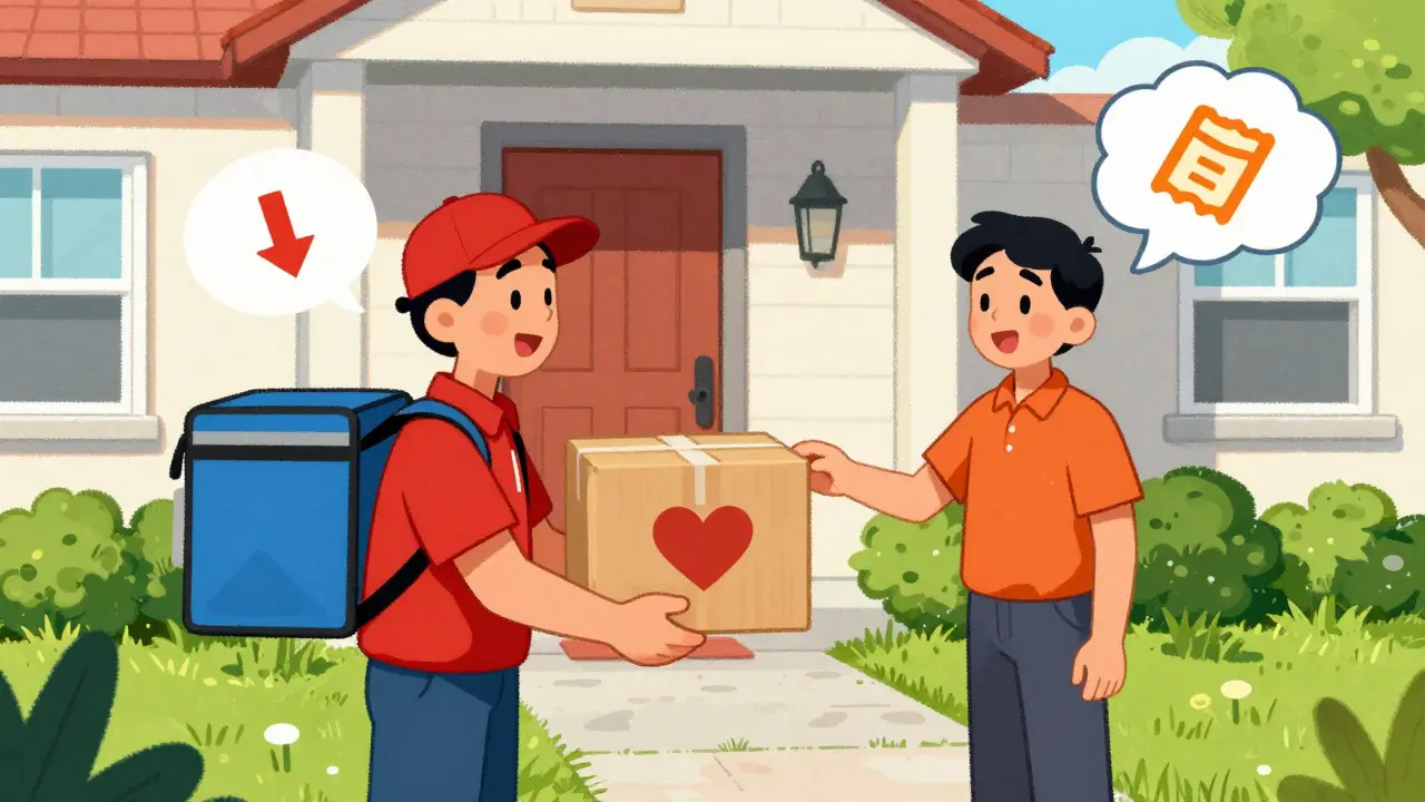 Delivery person handing medication package to a happy customer