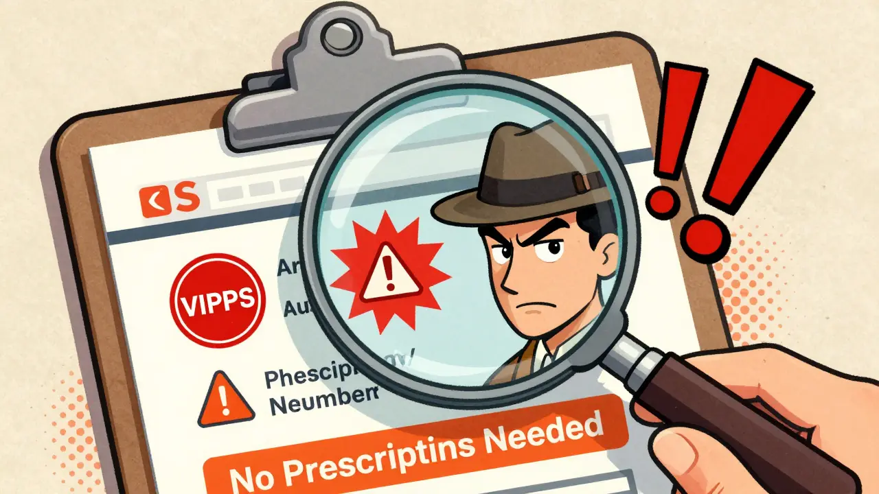 Detective inspecting fake pharmacy website warnings with magnifying glass