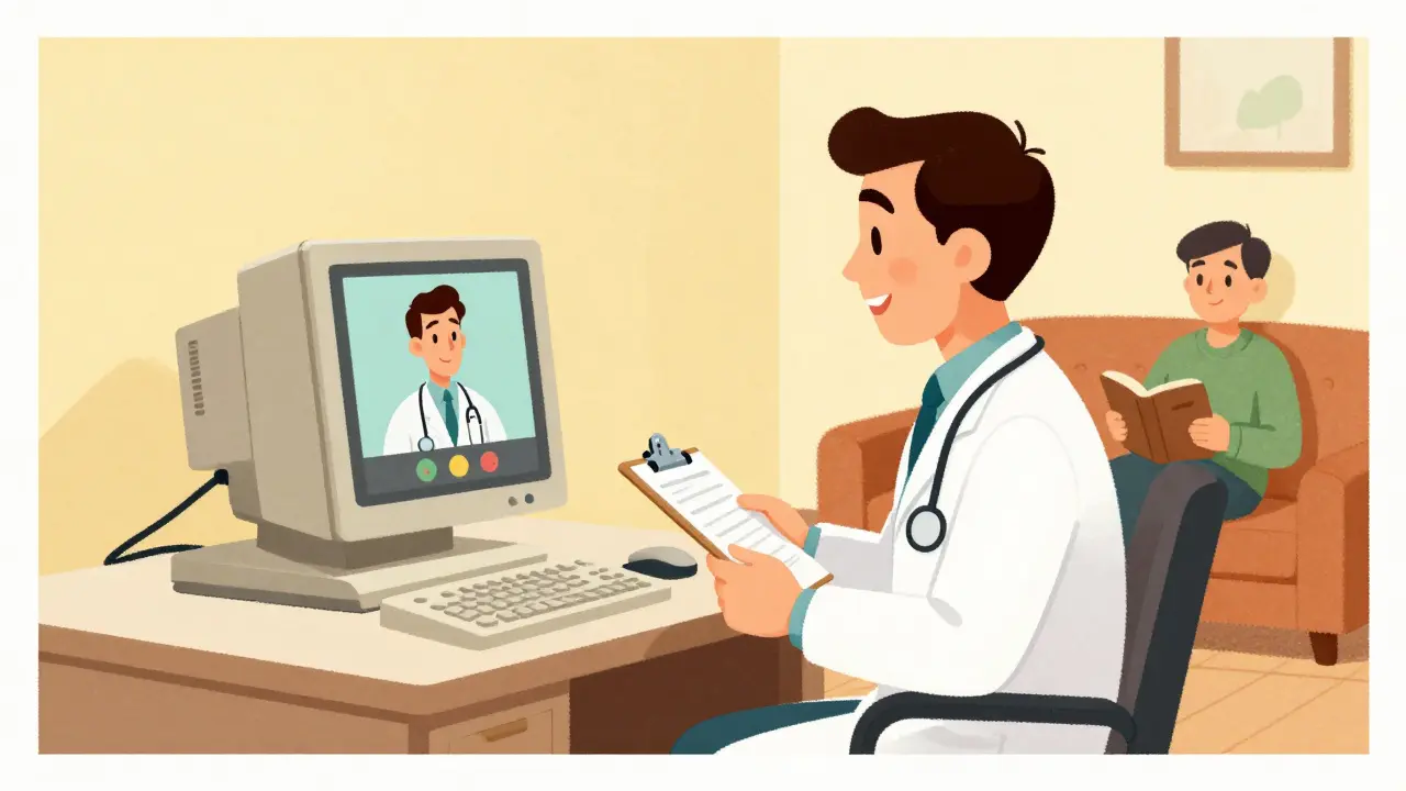 Doctor consulting patient via video call on computer