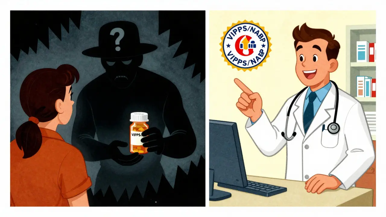 Illustration contrasting shady scammer with safe, verified doctor and pharmacy.