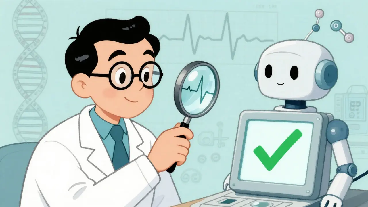 Illustration of a doctor checking an ECG strip with help from an AI assistant for safe medication use.