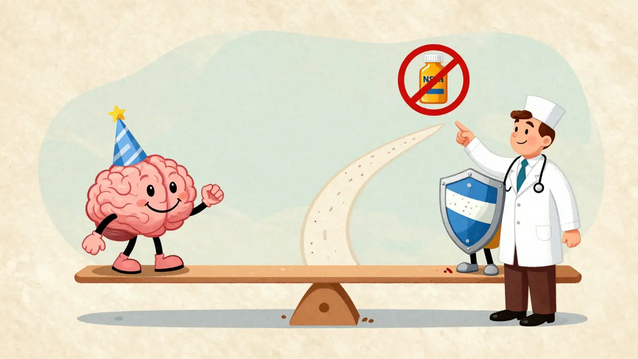Illustration of balancing mental health benefits with bleeding risks