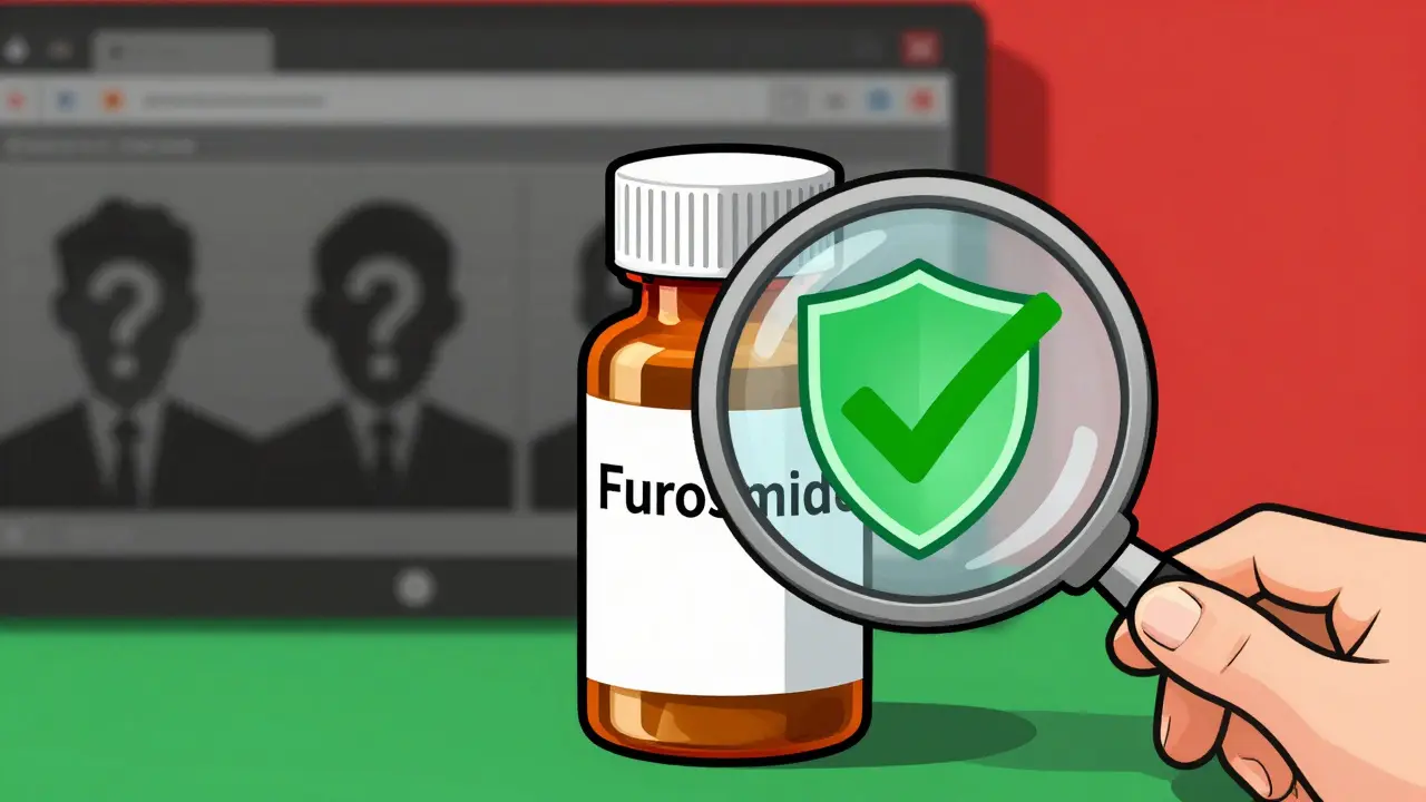 Magnifying glass verifying safe online pharmacy pill