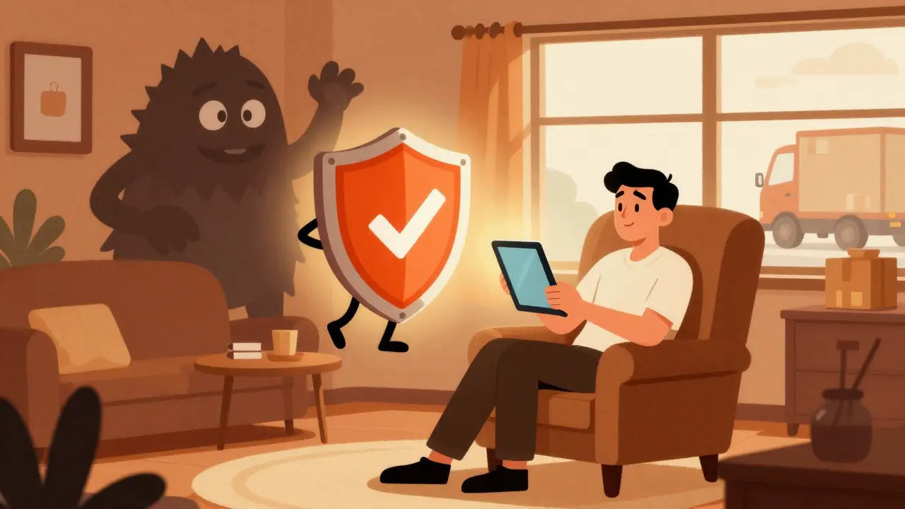 Man safely ordering medication online protected by a security shield