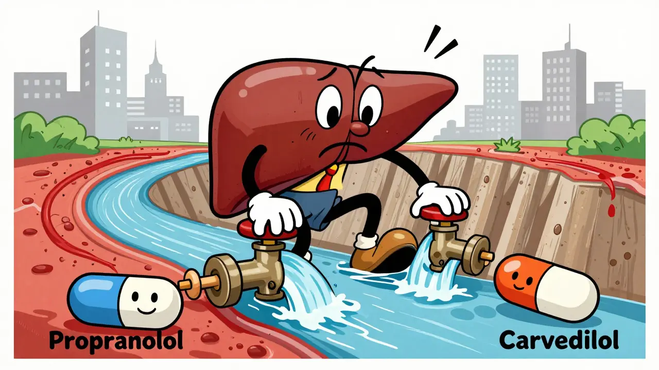 Pills reducing blood pressure in a blocked liver river metaphor