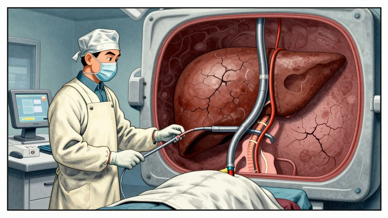 Radiologist placing a stent shunt during a TIPS procedure