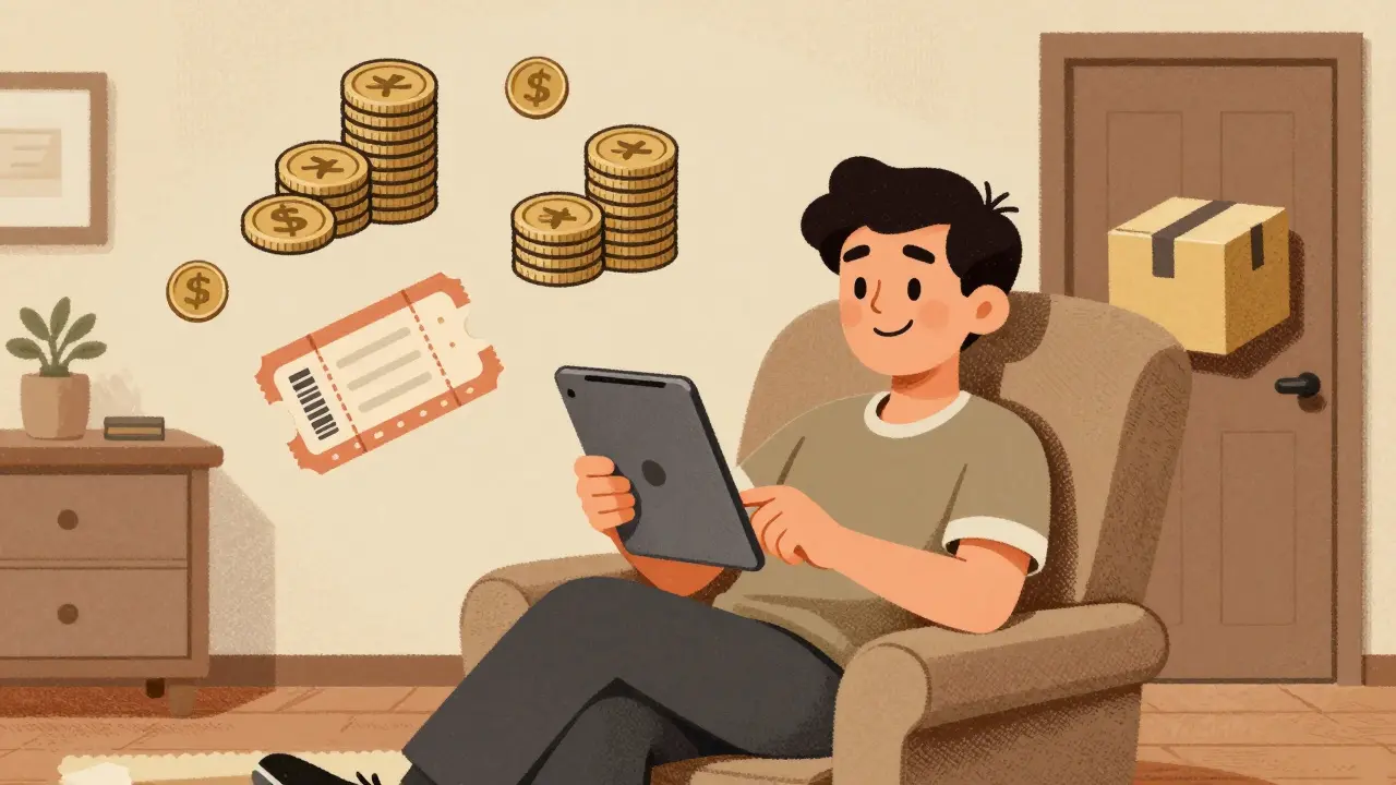 Retro cartoon of person saving money buying meds online