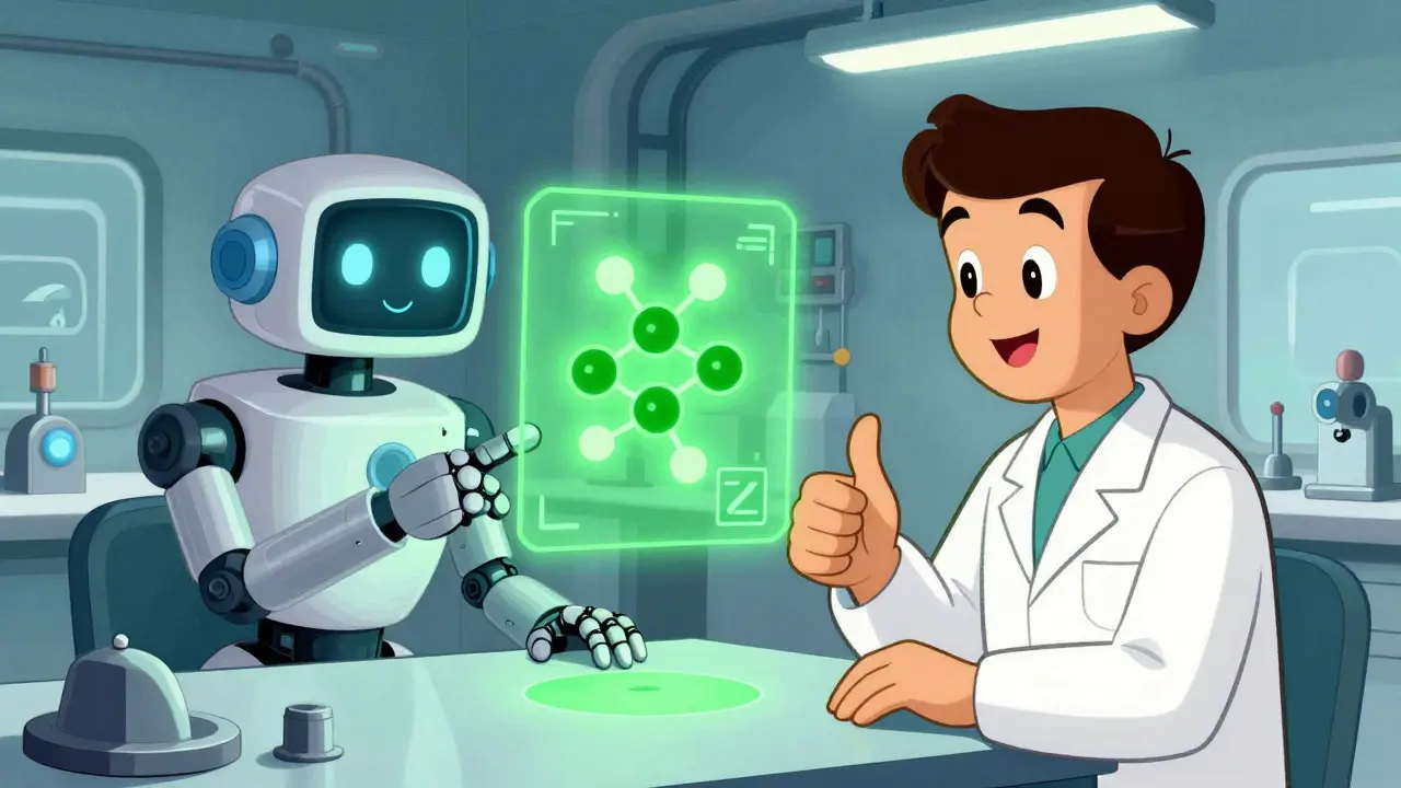 Retro cartoon robot and human approving drug batch