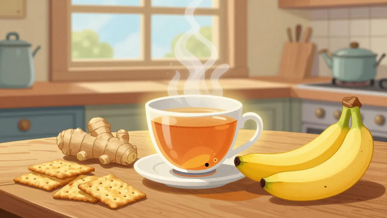 Retro illustration of ginger tea and bland foods as nausea remedies