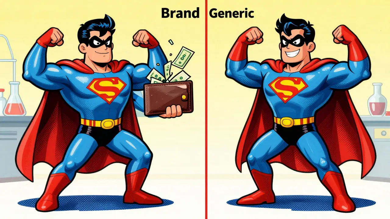 Superheroes representing brand and generic pills showing equal strength