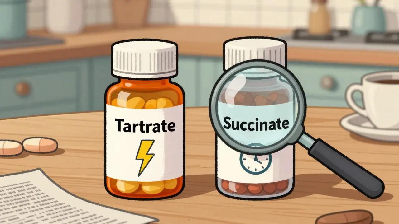 Two different Metoprolol pill bottles compared on a table