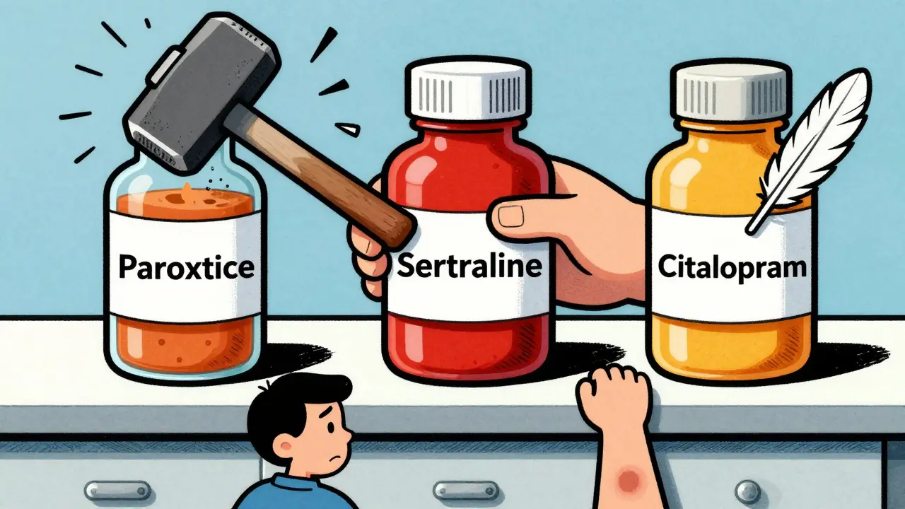 Vintage cartoon comparing high and low risk SSRI medications