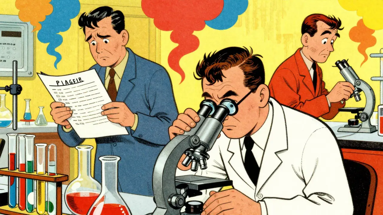 Vintage cartoon scientists testing drugs in a busy lab