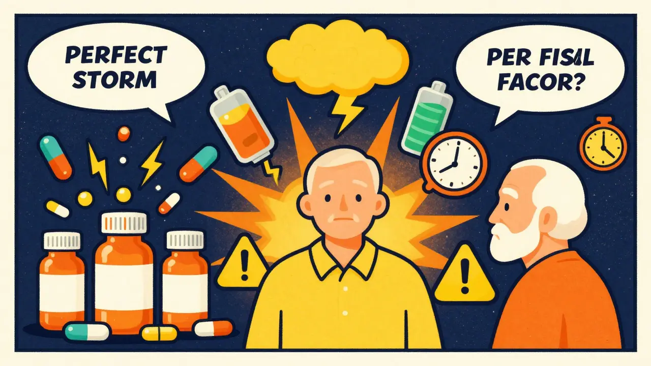 Vintage cartoon showing pills, low electrolytes, and slow heart rate combining to create cardiac risk.