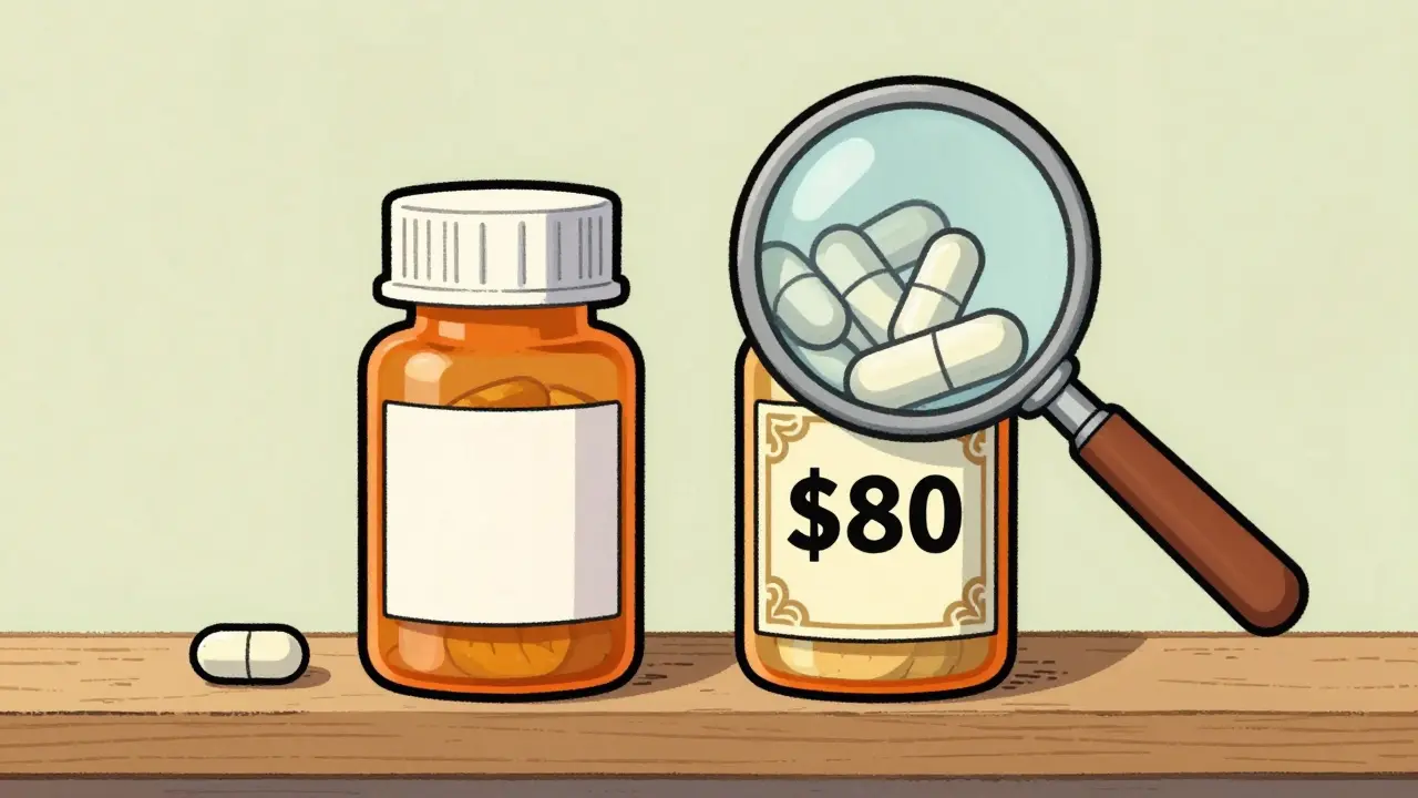 Vintage illustration comparing cheap generic vs expensive brand pills
