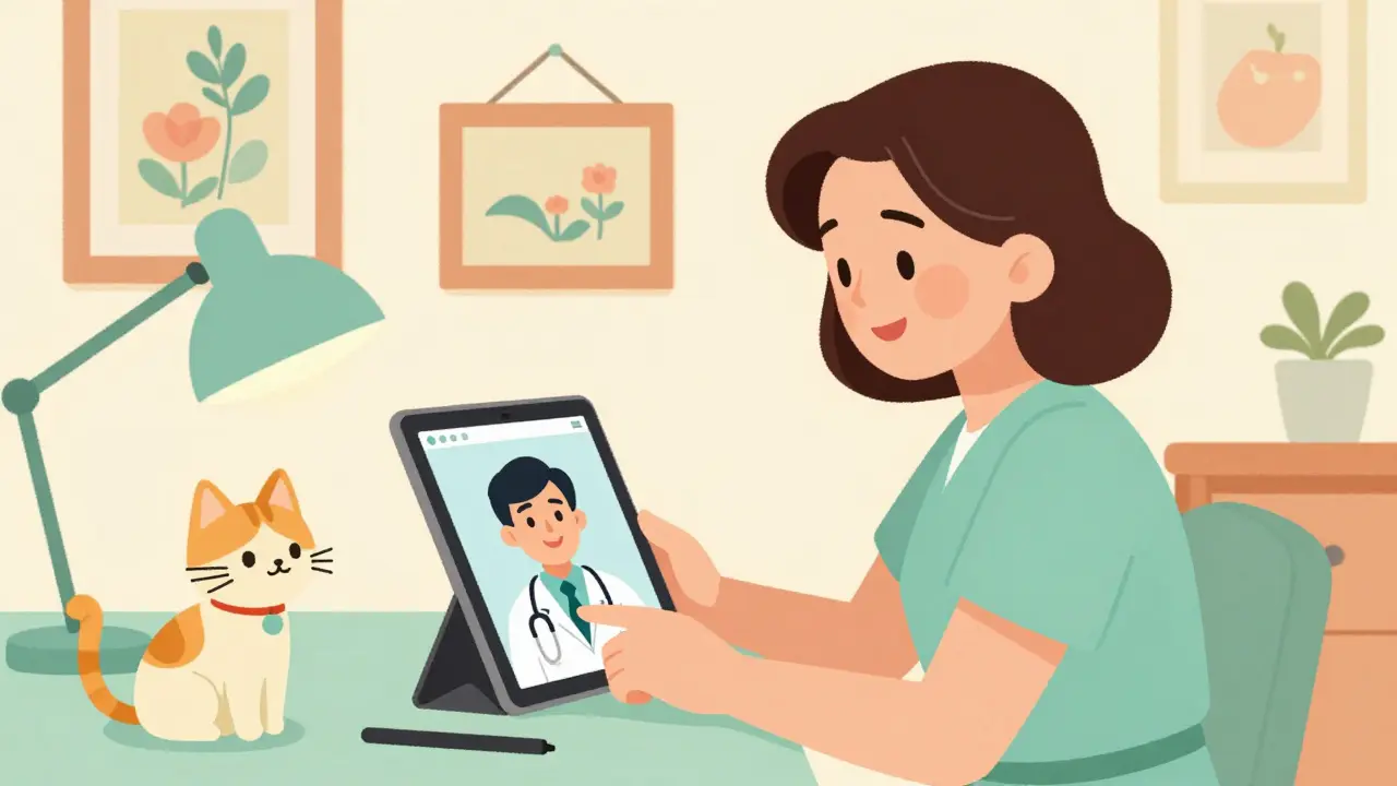 Woman smiling during online telehealth consultation on tablet