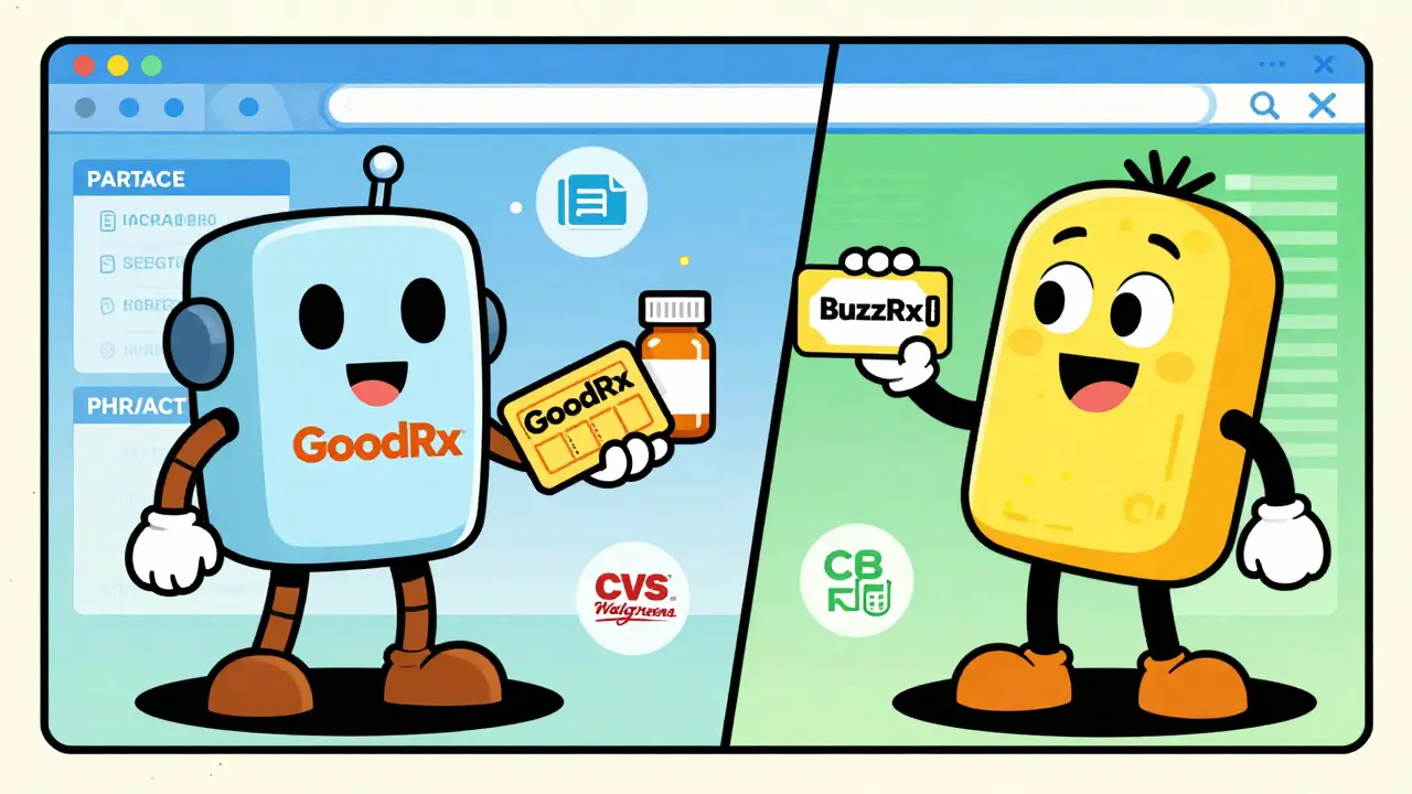 Cartoon characters comparing pharmacy discount apps