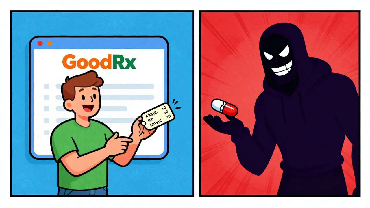 Cartoon comparing safe online pharmacies with shady scam websites selling fake drugs