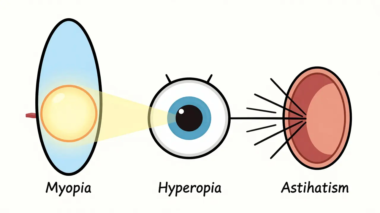 Cartoon diagrams of myopia, hyperopia, and astigmatism eye structures