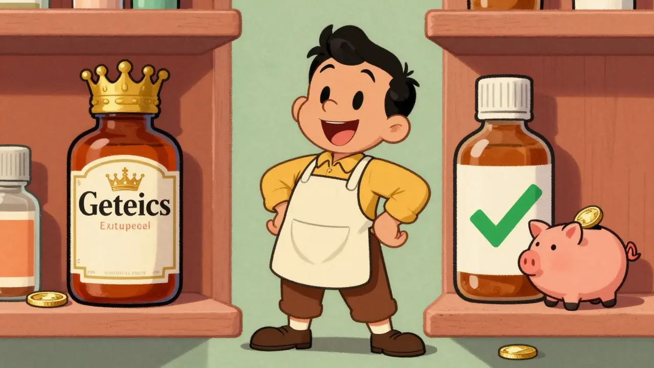 Cheerful character choosing generic medicine over expensive brand name option
