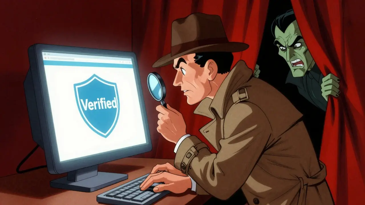 Detective verifying safe online pharmacy sources