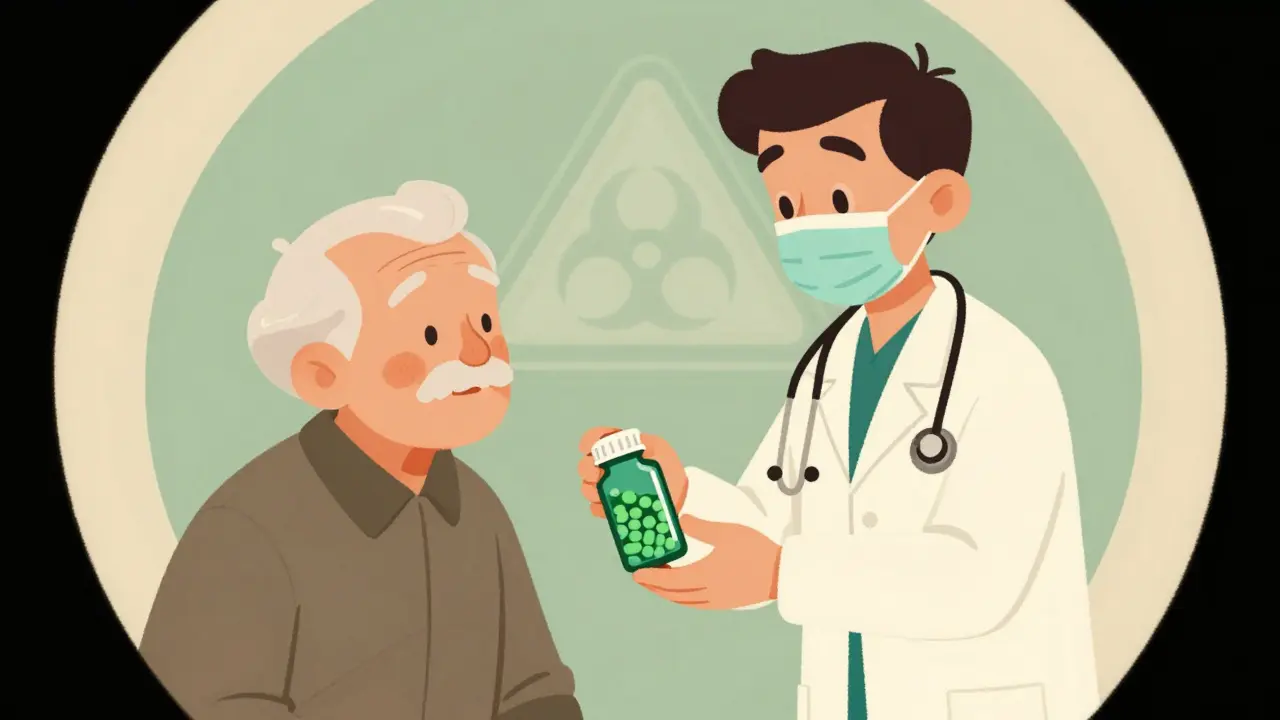 Doctor giving safe alternative pill to senior