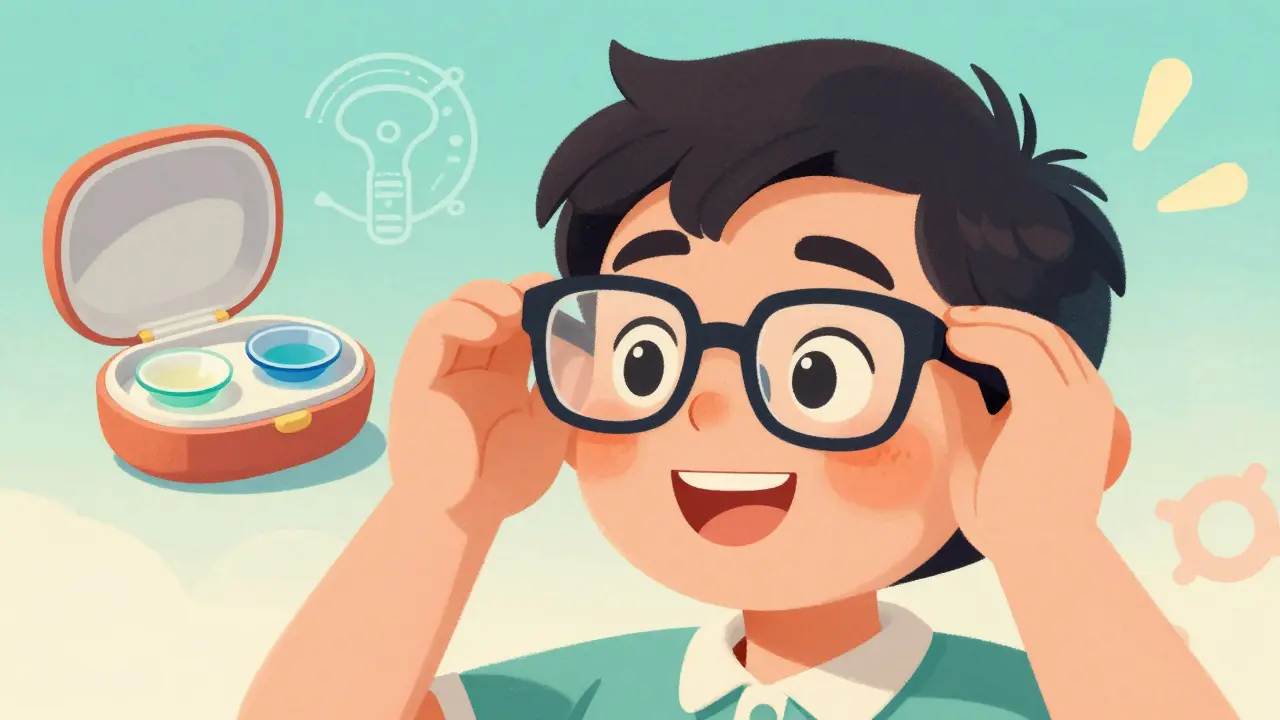 Happy person with glasses, contacts, and laser surgery symbols